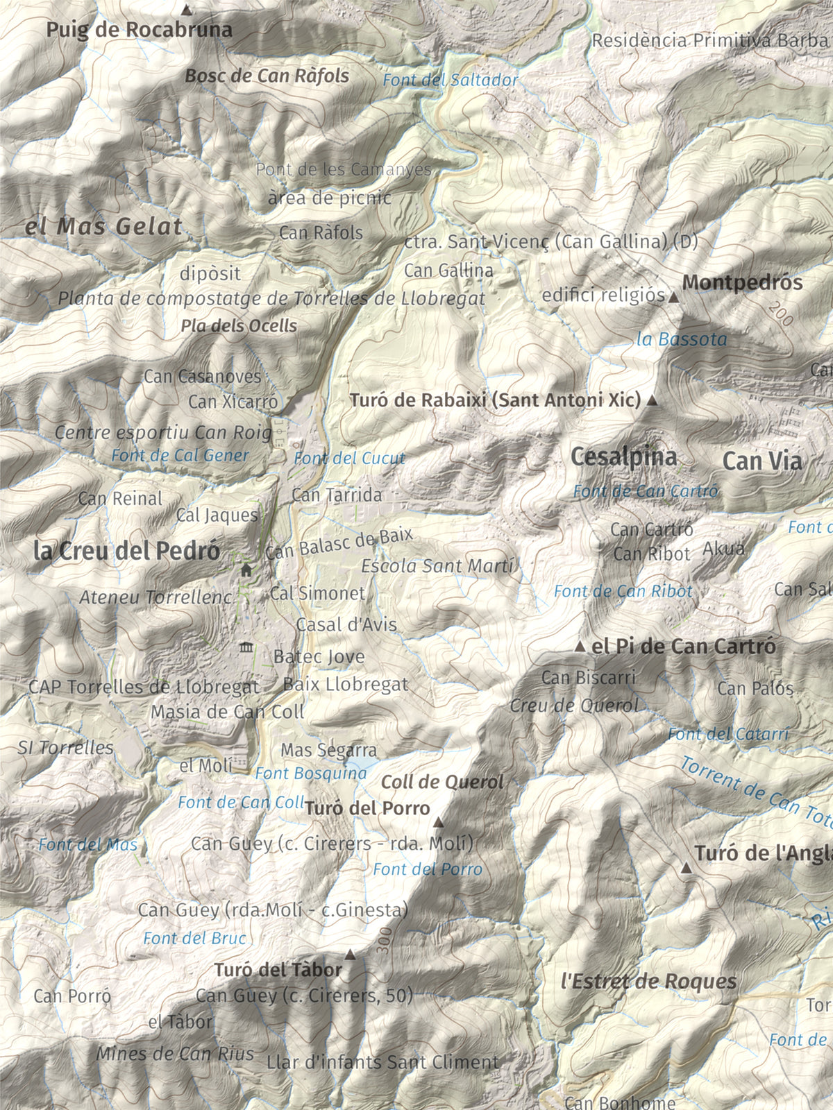 Mapa topográfico del relieve: Sant Ramon, 295 m. Detalle de la zona superior izquierda. 30 × 40 cm.