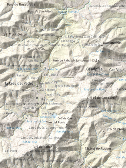 Mapa topográfico del relieve: Sant Ramon, 295 m. Detalle de la zona superior izquierda. 30 × 40 cm.