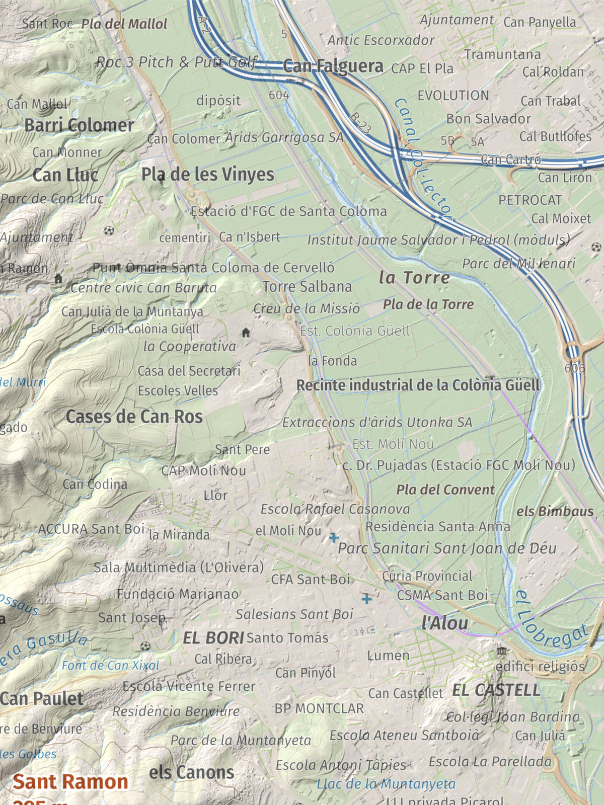 Mapa topográfico del relieve: Sant Ramon, 295 m. Detalle de la zona superior derecha. 30 × 40 cm.