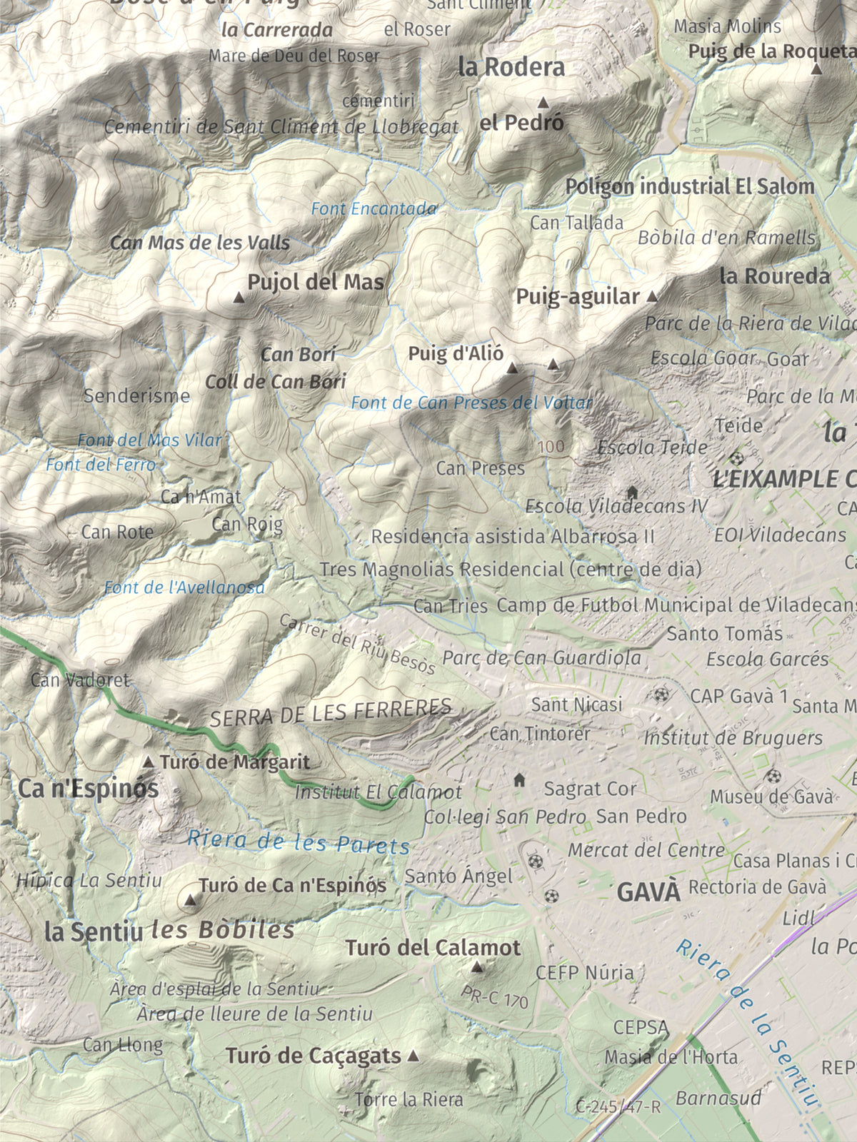 Mapa topográfico del relieve: Sant Ramon, 295 m. Detalle de la zona inferior izquierda. 30 × 40 cm.