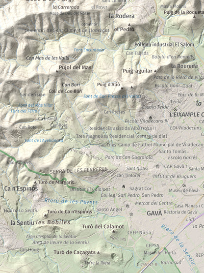 Mapa topográfico del relieve: Sant Ramon, 295 m. Detalle de la zona inferior izquierda. 30 × 40 cm.