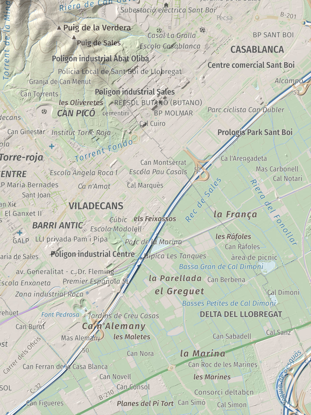Mapa topográfico del relieve: Sant Ramon, 295 m. Detalle de la zona inferior derecha. 30 × 40 cm.