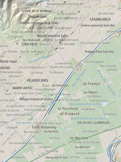 Mapa topográfico del relieve: Sant Ramon, 295 m. Detalle de la zona inferior derecha. 30 × 40 cm.