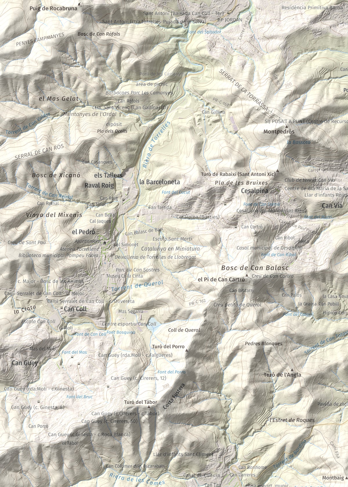 Mapa topográfico del relieve: Sant Ramon, 295 m. Detalle de la zona superior izquierda. 50 × 70 cm.