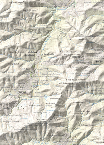 Mapa topográfico del relieve: Sant Ramon, 295 m. Detalle de la zona superior izquierda. 50 × 70 cm.
