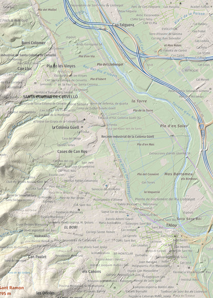 Mapa topográfico del relieve: Sant Ramon, 295 m. Detalle de la zona superior derecha. 50 × 70 cm.