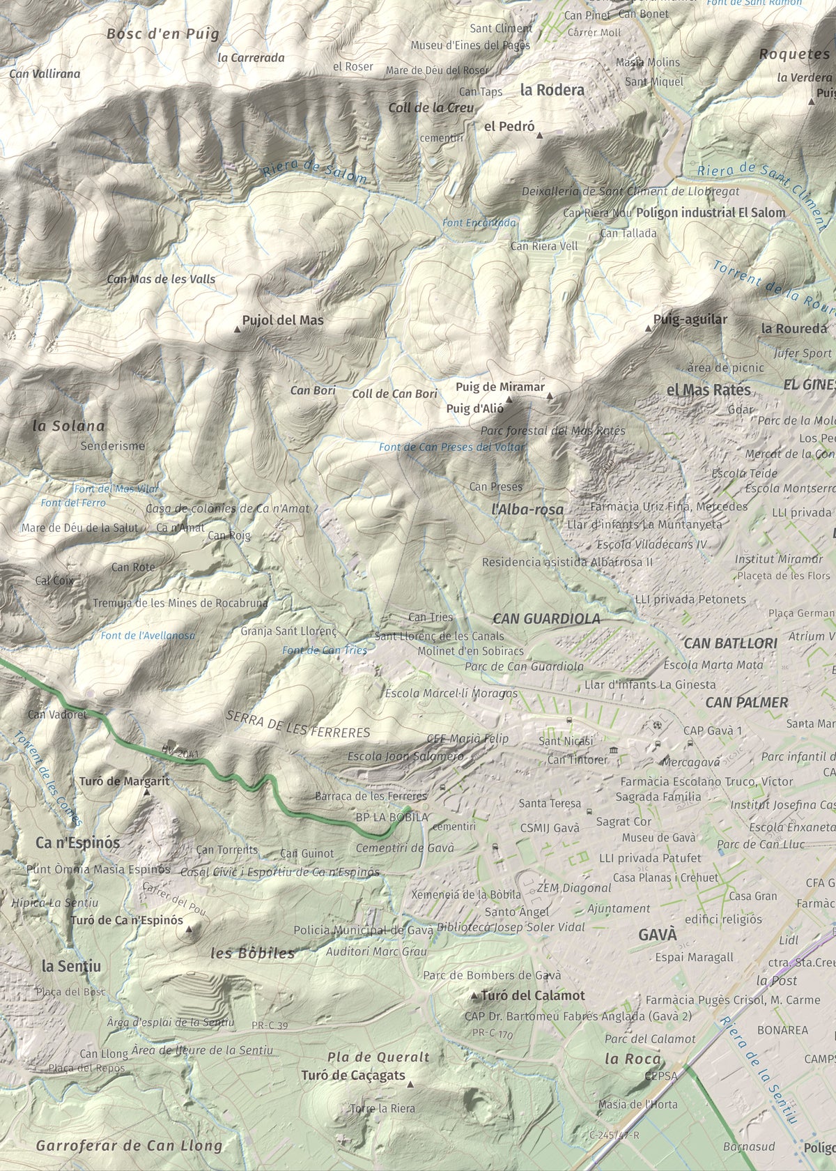Mapa topográfico del relieve: Sant Ramon, 295 m. Detalle de la zona inferior izquierda. 50 × 70 cm.