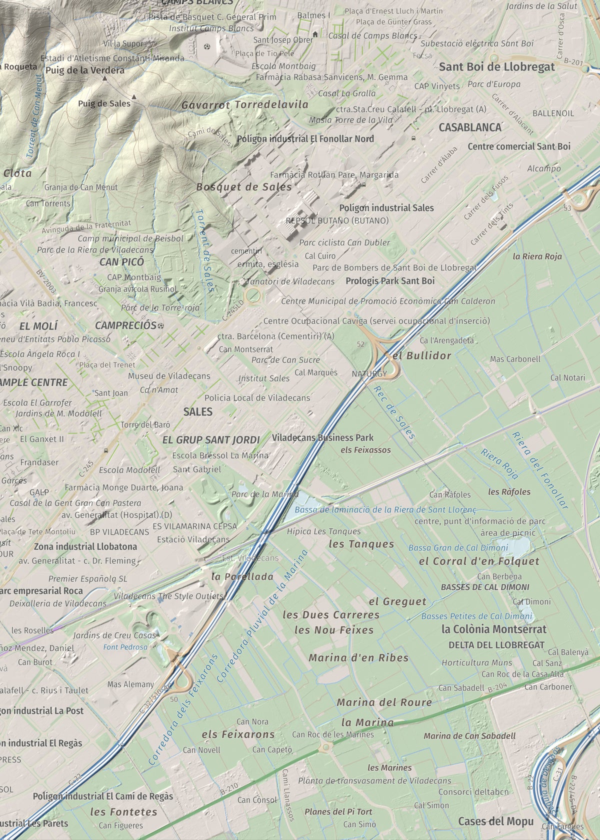 Mapa topográfico del relieve: Sant Ramon, 295 m. Detalle de la zona inferior derecha. 50 × 70 cm.