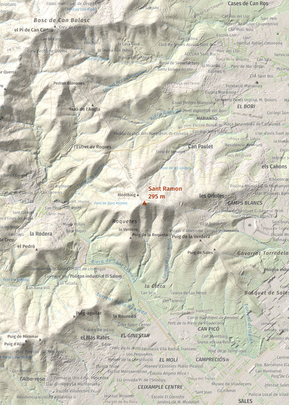Mapa topográfico del relieve: Sant Ramon, 295 m. Detalle de la zona central. 50 × 70 cm.
