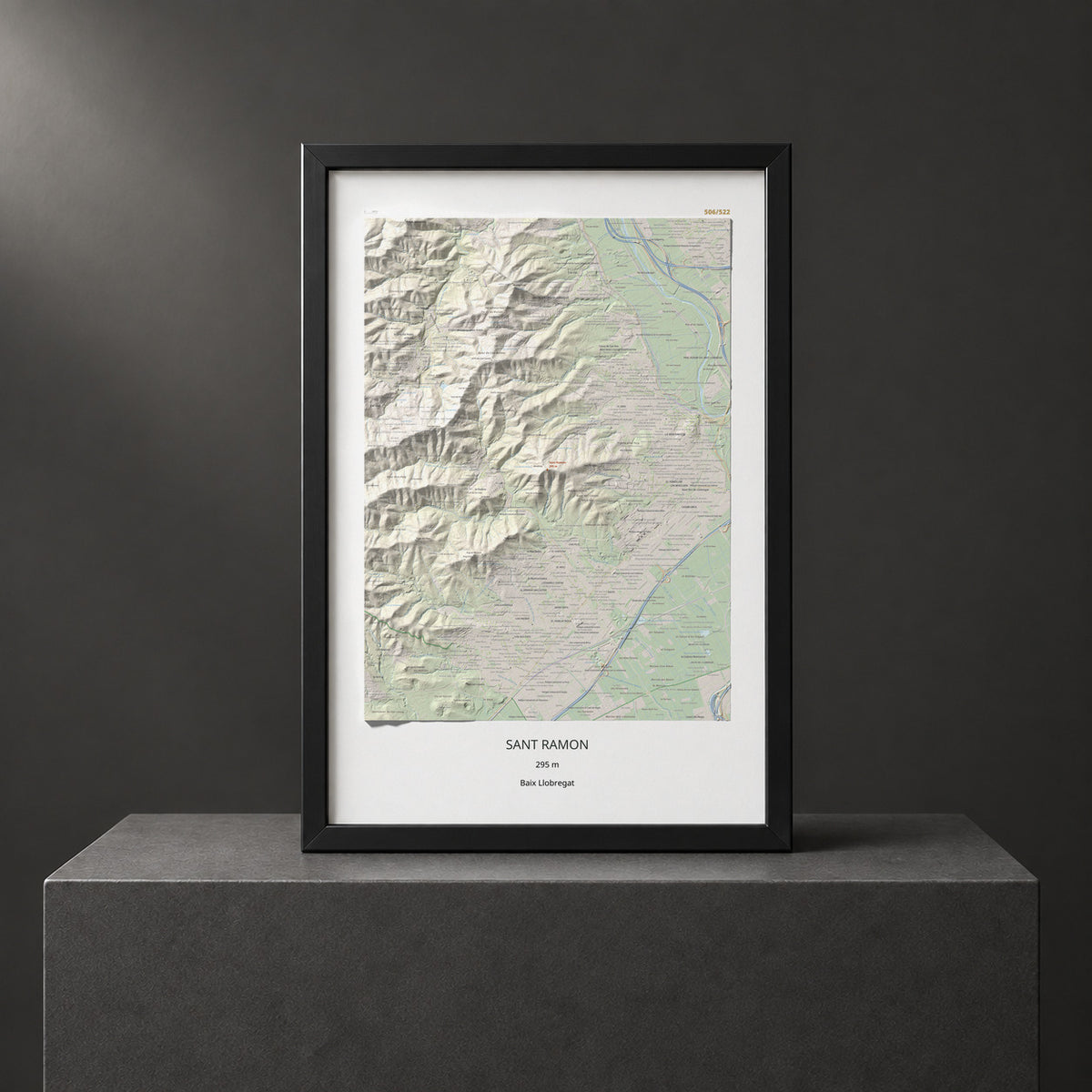 Mapa topográfico del relieve: Sant Ramon, 295 m. Presentación enmarcada. 61 × 91 cm.