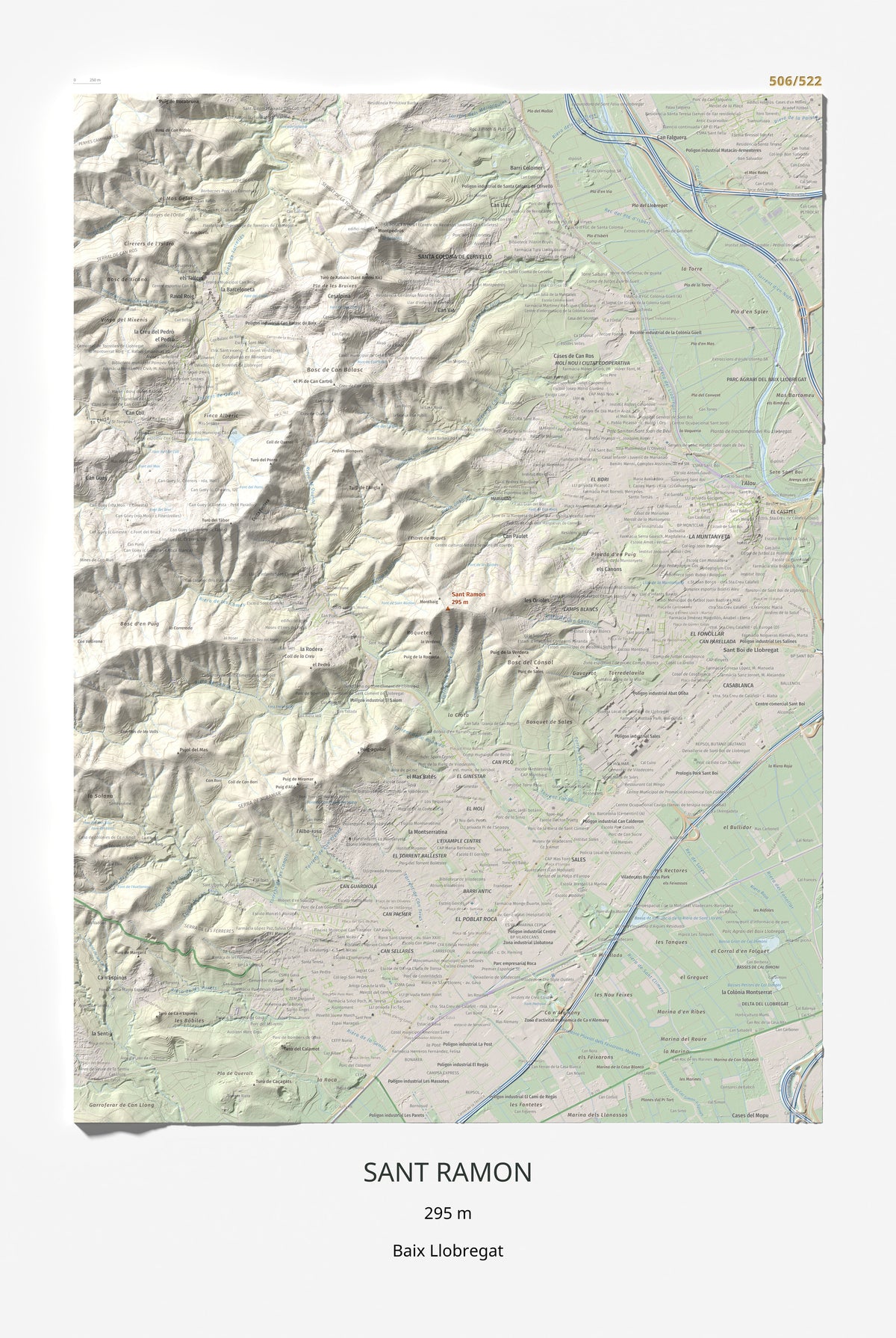 Mapa topográfico del relieve: Sant Ramon, 295 m. Lámina completa. 61 × 91 cm.