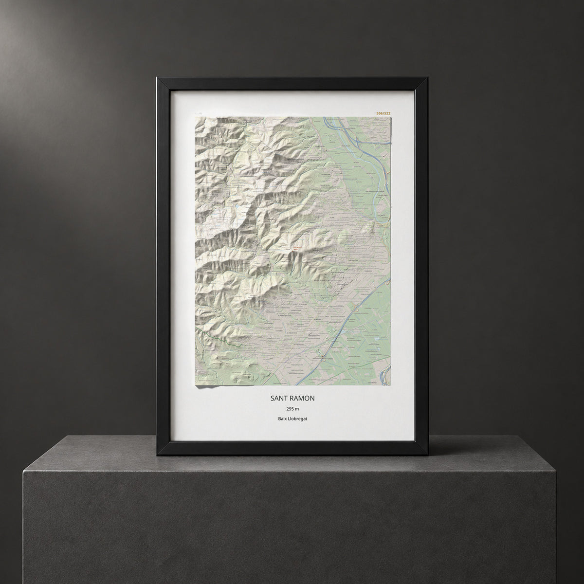 Mapa topográfico del relieve: Sant Ramon, 295 m. Presentación enmarcada. 70 × 100 cm.
