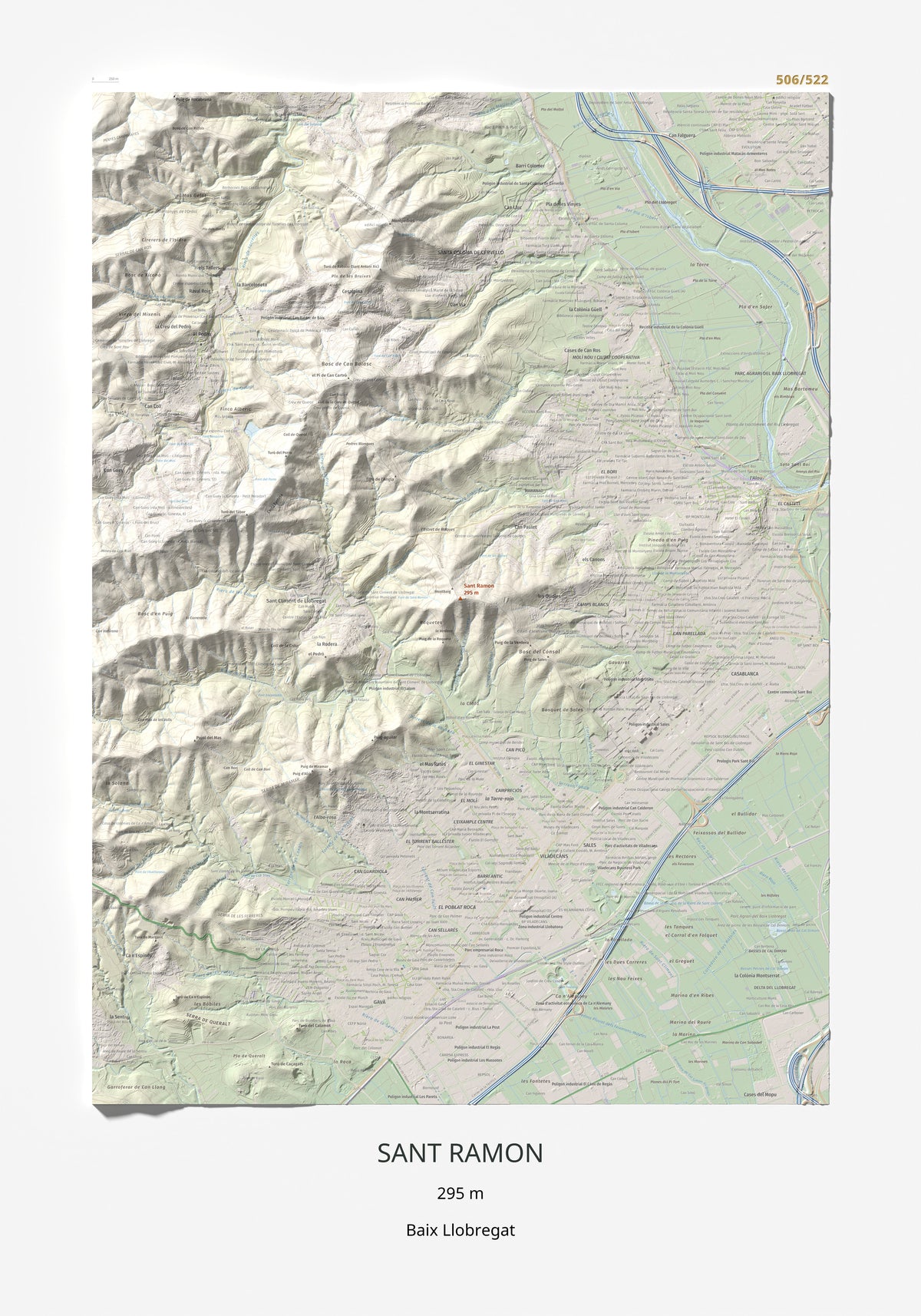 Mapa topográfico del relieve: Sant Ramon, 295 m. Lámina completa. 70 × 100 cm.