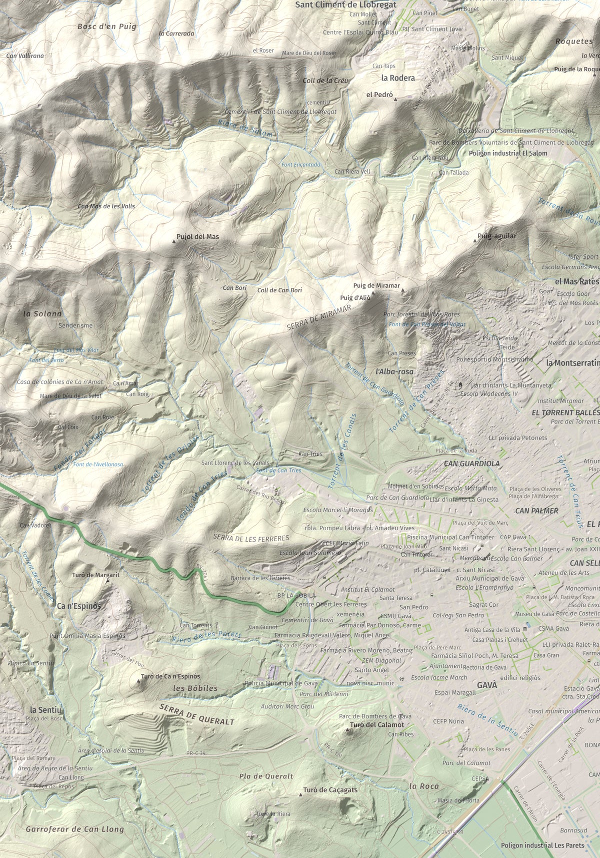 Mapa topográfico del relieve: Sant Ramon, 295 m. Detalle de la zona inferior izquierda. 70 × 100 cm.