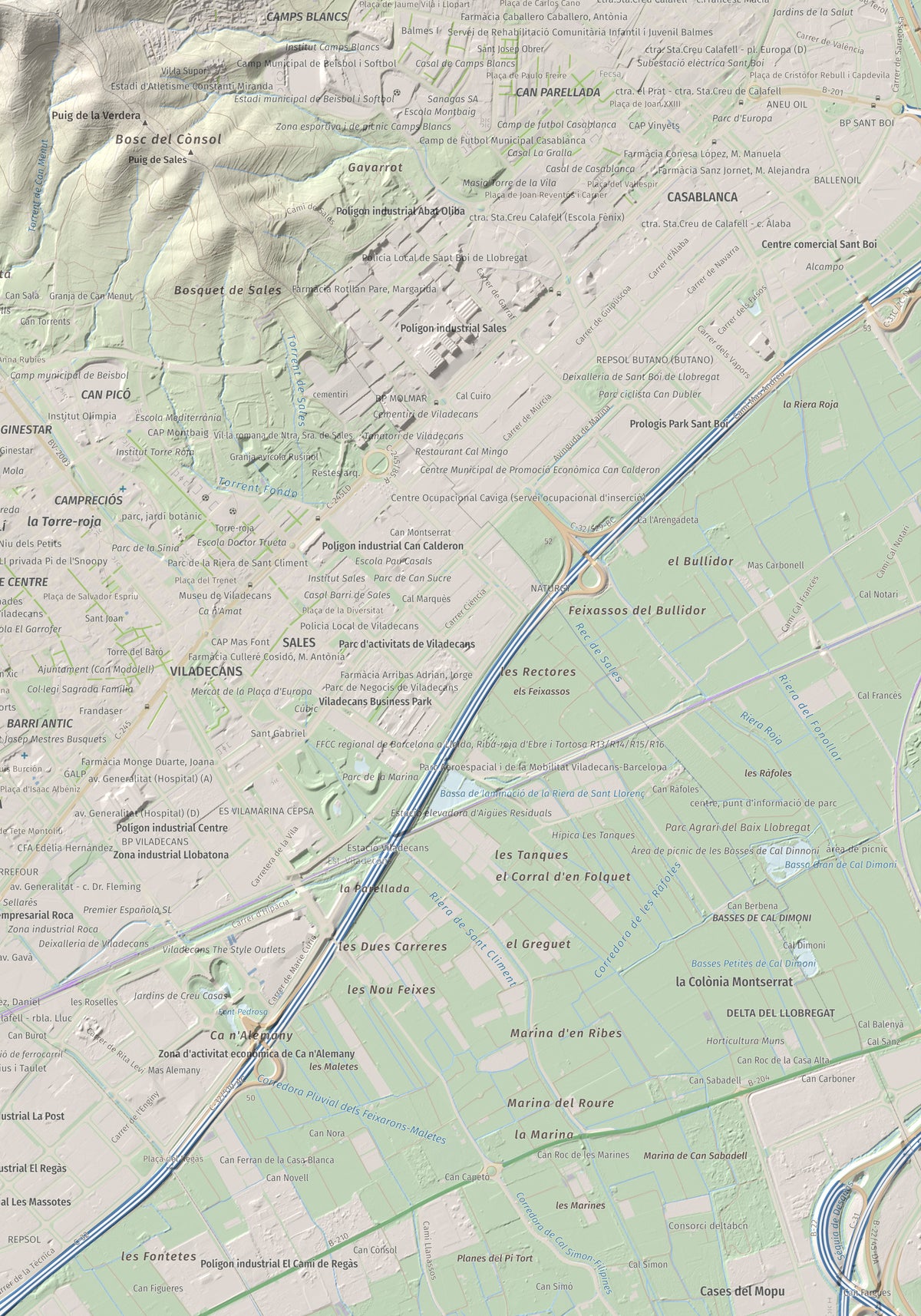 Mapa topográfico del relieve: Sant Ramon, 295 m. Detalle de la zona inferior derecha. 70 × 100 cm.
