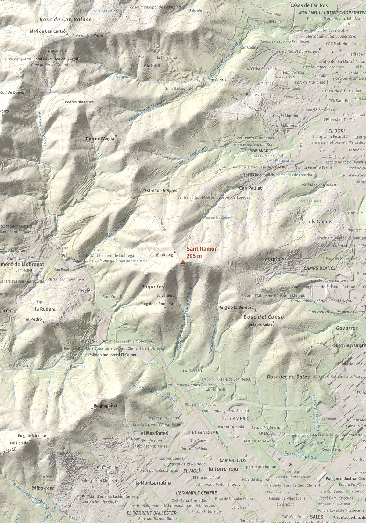 Mapa topográfico del relieve: Sant Ramon, 295 m. Detalle de la zona central. 70 × 100 cm.