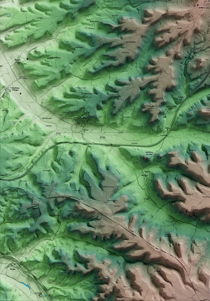 Mapa artístico del relieve de Sant Ramon, a la Segarra, con 15 km de entorno y base topográfica ICGC. Detalle de la zona inferior izquierda.