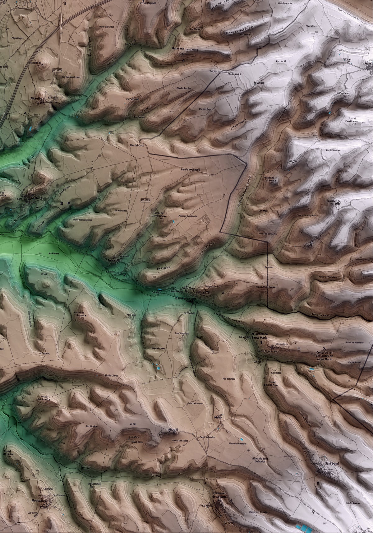 Mapa artístico del relieve de Sant Ramon, a la Segarra, con 15 km de entorno y base topográfica ICGC. Detalle de la zona inferior derecha.