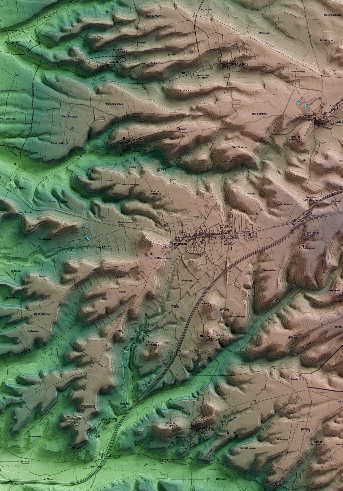 Mapa artístico del relieve de Sant Ramon, a la Segarra, con 15 km de entorno y base topográfica ICGC. Detalle de la zona central.
