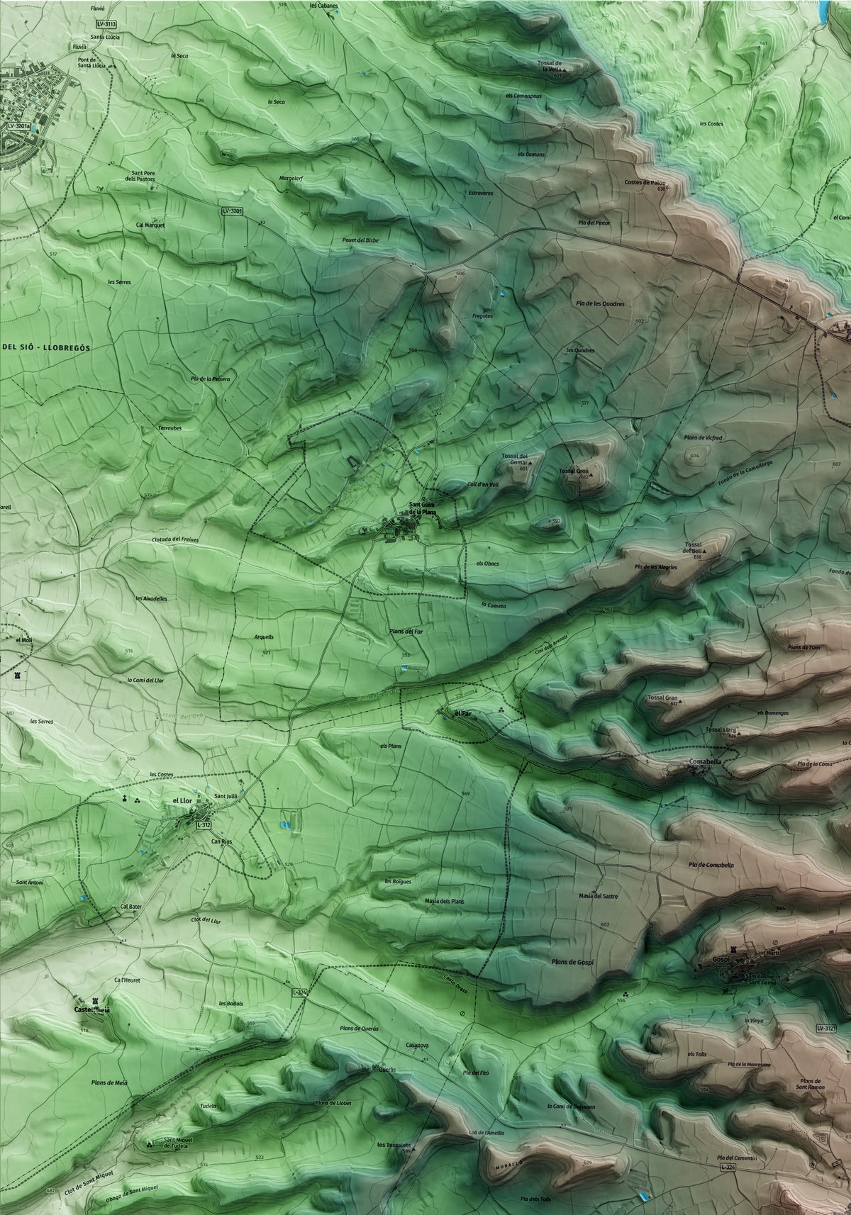 Mapa artístico del relieve de Sant Ramon, a la Segarra, con 15 km de entorno y base topográfica ICGC. Detalle de la zona superior izquierda.