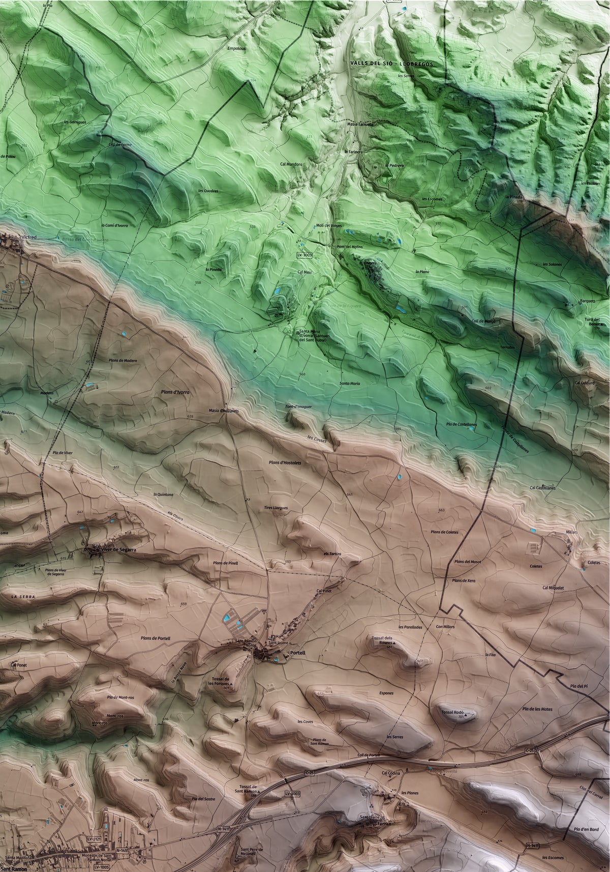 Mapa artístico del relieve de Sant Ramon, a la Segarra, con 15 km de entorno y base topográfica ICGC. Detalle de la zona superior derecha.