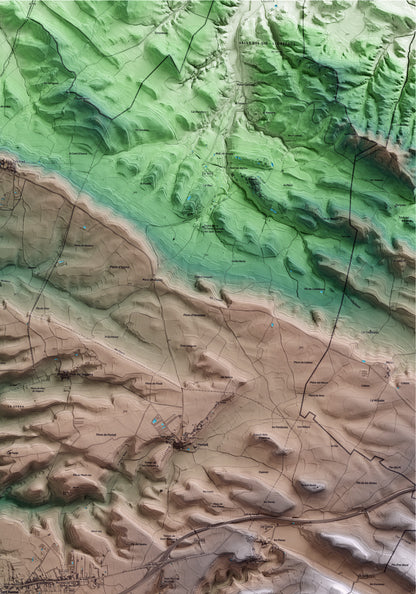 Mapa artístico del relieve de Sant Ramon, a la Segarra, con 15 km de entorno y base topográfica ICGC. Detalle de la zona superior derecha.