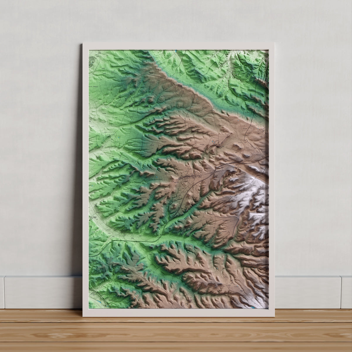 Mapa artístico del relieve de Sant Ramon, a la Segarra, con 15 km de entorno y base topográfica ICGC. Presentación enmarcada.