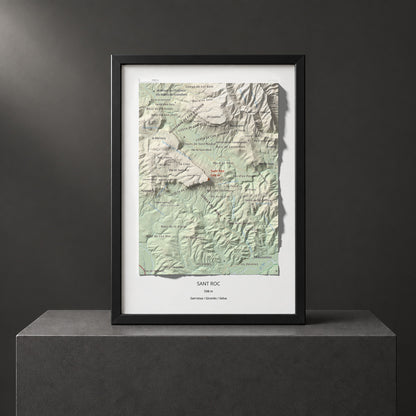 Mapa de relieve de Sant Roc, 598 m, Garrotxa · Gironès · Selva, lámina 100 Cims de Trobart. Presentación enmarcada. 21 × 30 cm.