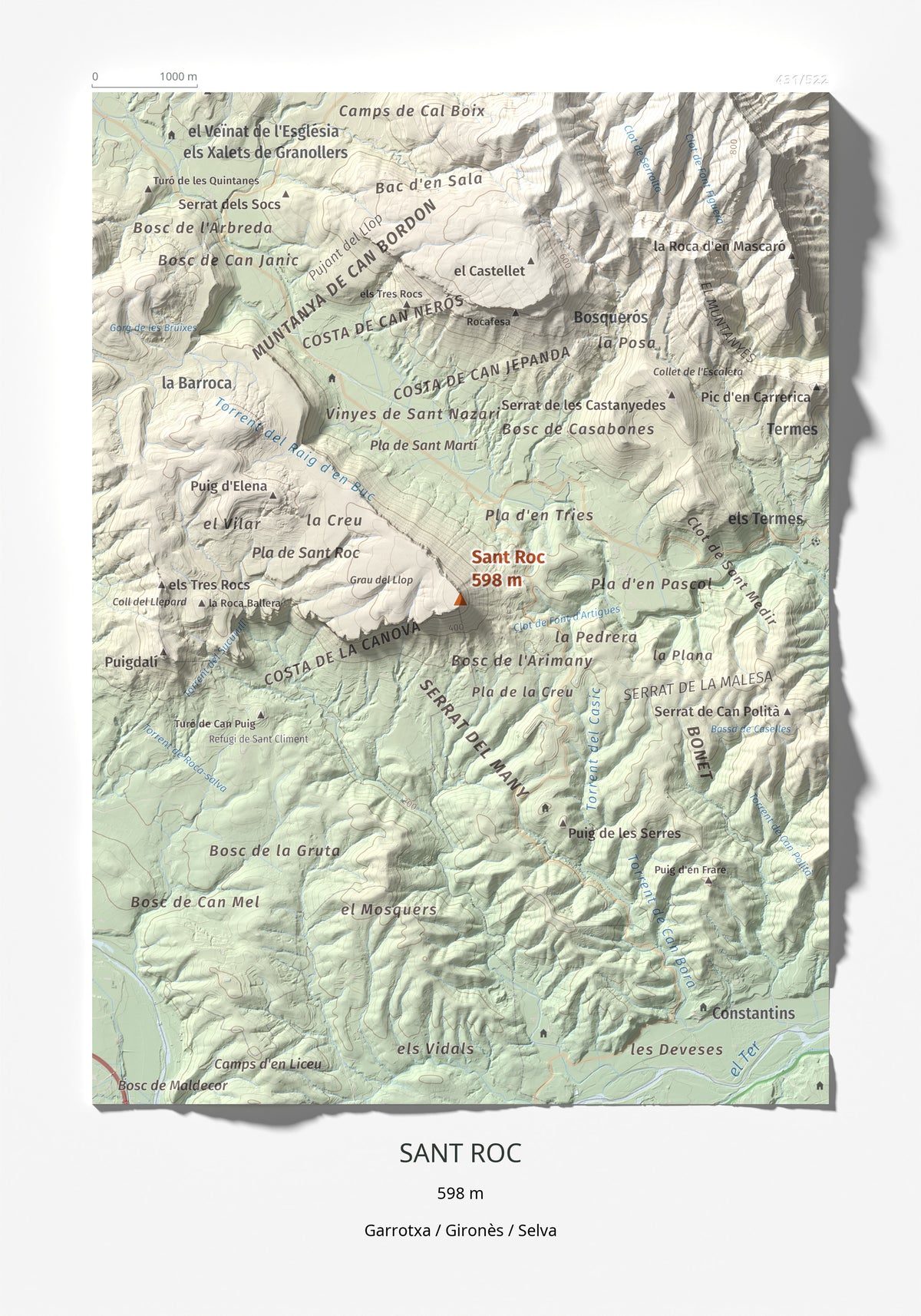 Mapa de relieve de Sant Roc, 598 m, Garrotxa · Gironès · Selva, lámina 100 Cims de Trobart 21 × 30 cm.