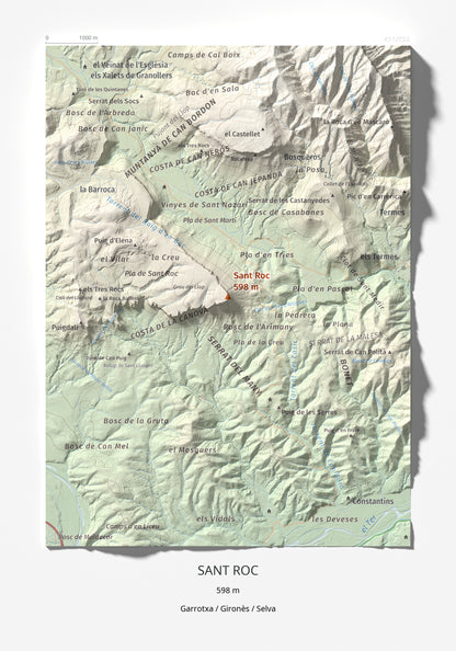 Mapa de relieve de Sant Roc, 598 m, Garrotxa · Gironès · Selva, lámina 100 Cims de Trobart 21 × 30 cm.