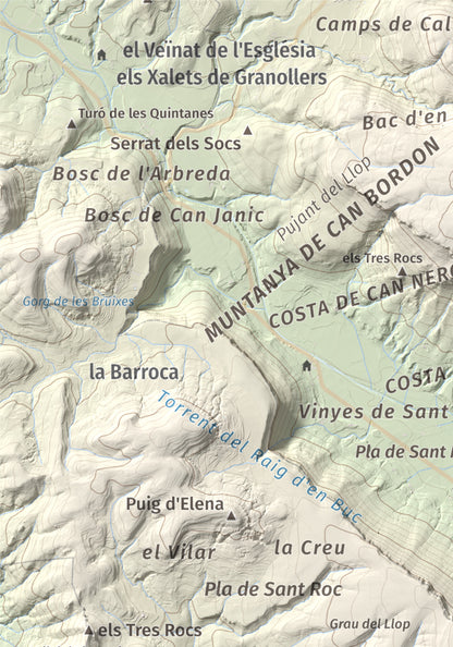 Mapa de relieve de Sant Roc, 598 m, Garrotxa · Gironès · Selva, lámina 100 Cims de Trobart. Detalle de la zona superior izquierda. 21 × 30 cm.