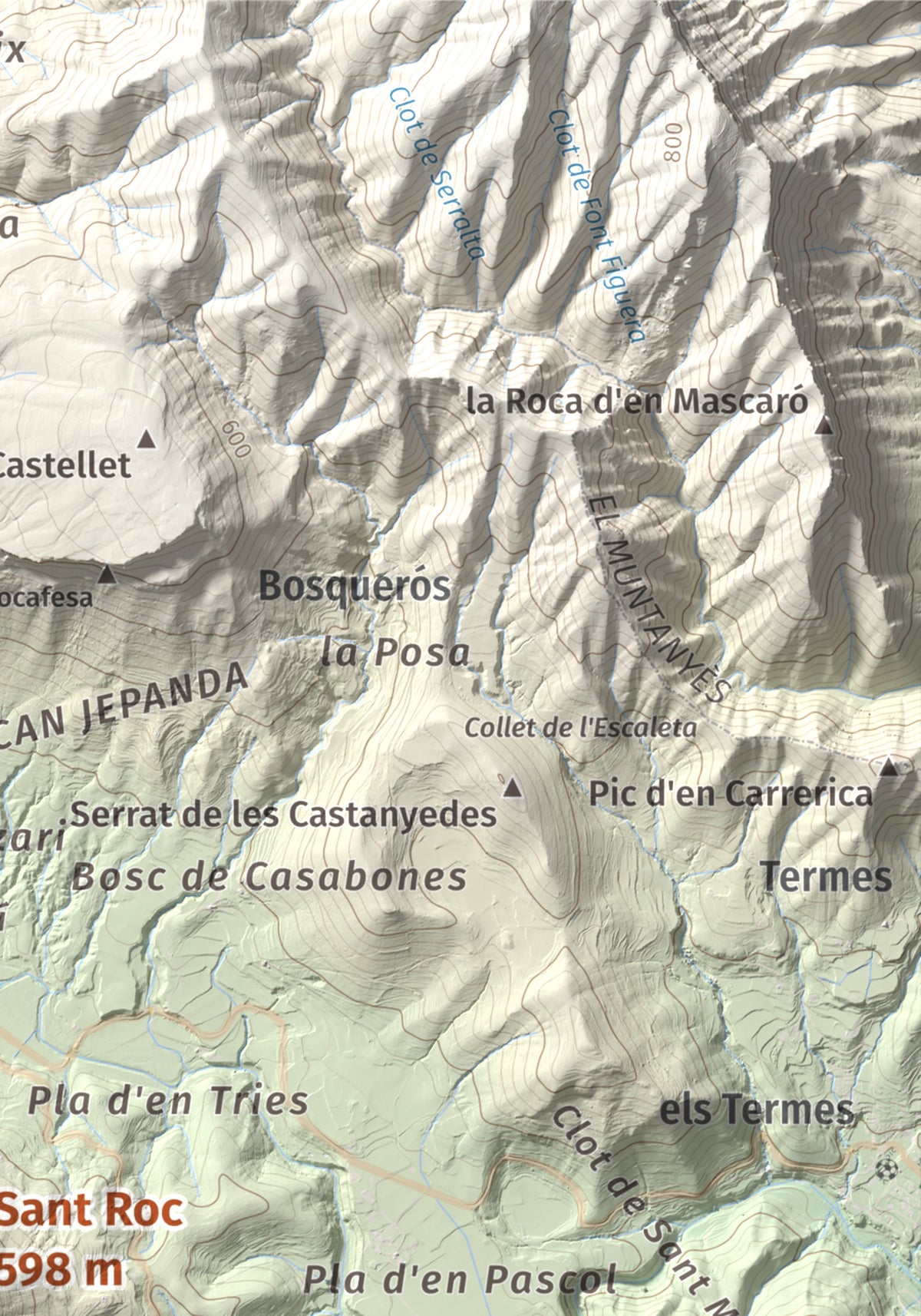 Mapa de relieve de Sant Roc, 598 m, Garrotxa · Gironès · Selva, lámina 100 Cims de Trobart. Detalle de la zona superior derecha. 21 × 30 cm.