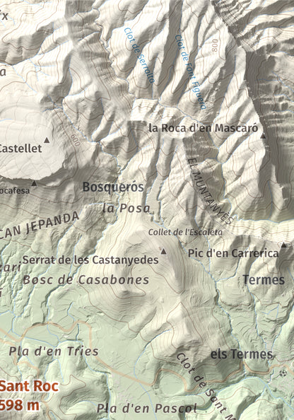 Mapa de relieve de Sant Roc, 598 m, Garrotxa · Gironès · Selva, lámina 100 Cims de Trobart. Detalle de la zona superior derecha. 21 × 30 cm.