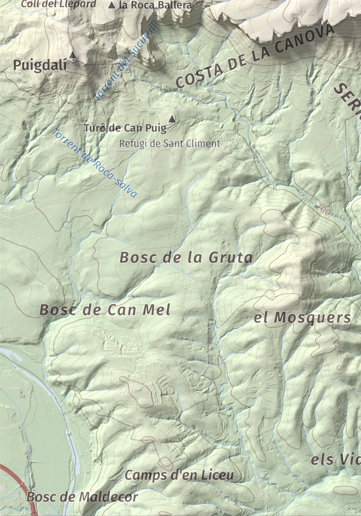 Mapa de relieve de Sant Roc, 598 m, Garrotxa · Gironès · Selva, lámina 100 Cims de Trobart. Detalle de la zona inferior izquierda. 21 × 30 cm.