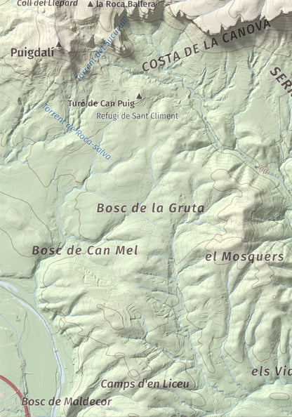 Mapa de relieve de Sant Roc, 598 m, Garrotxa · Gironès · Selva, lámina 100 Cims de Trobart. Detalle de la zona inferior izquierda. 21 × 30 cm.
