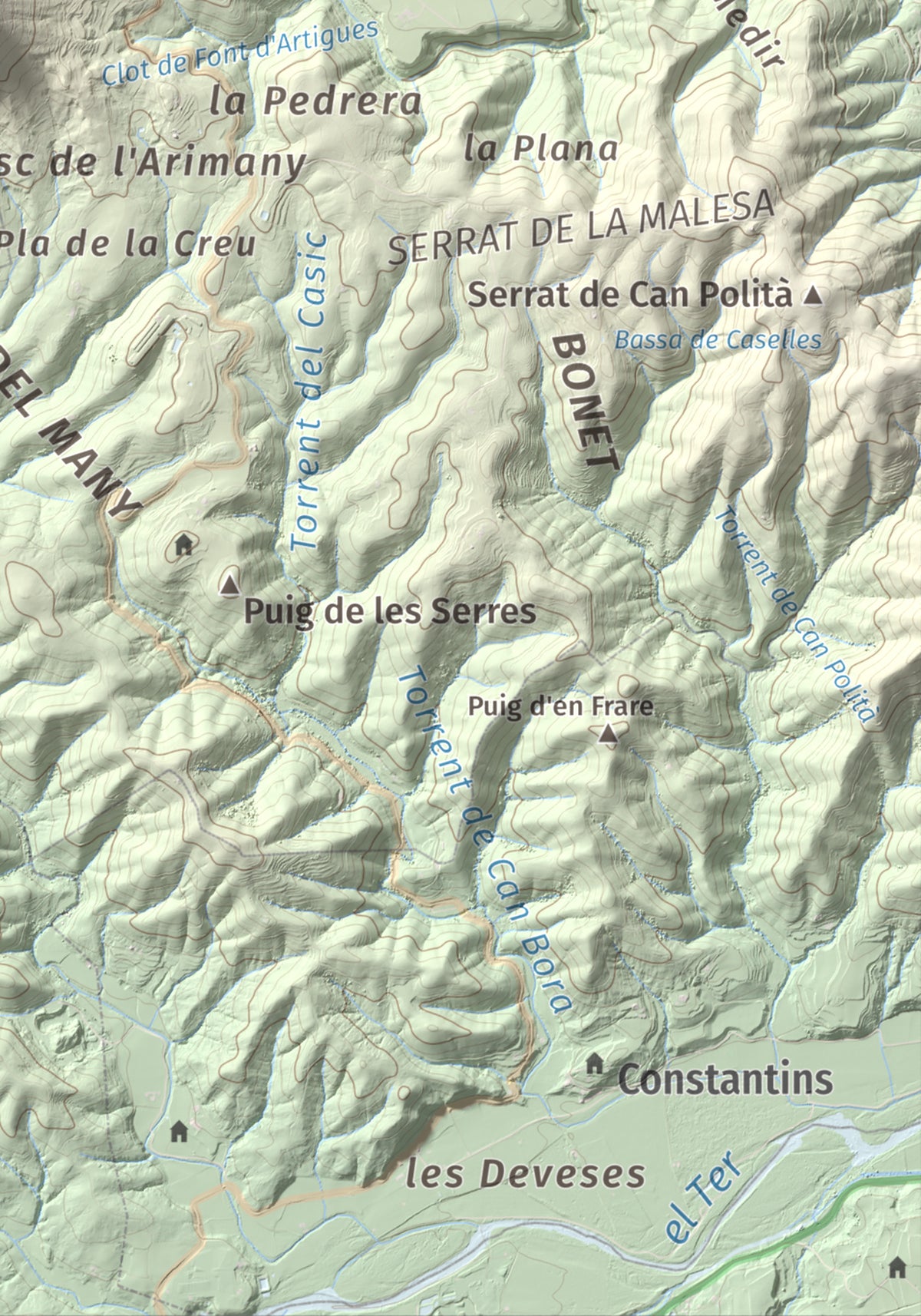 Mapa de relieve de Sant Roc, 598 m, Garrotxa · Gironès · Selva, lámina 100 Cims de Trobart. Detalle de la zona inferior derecha. 21 × 30 cm.
