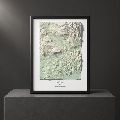Mapa de relieve de Sant Roc, 598 m, Garrotxa · Gironès · Selva, lámina 100 Cims de Trobart. Presentación enmarcada. 30 × 40 cm.