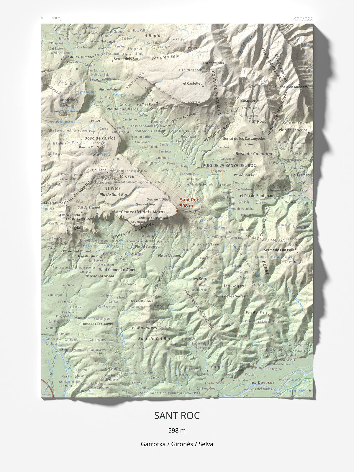 Mapa de relieve de Sant Roc, 598 m, Garrotxa · Gironès · Selva, lámina 100 Cims de Trobart 30 × 40 cm.
