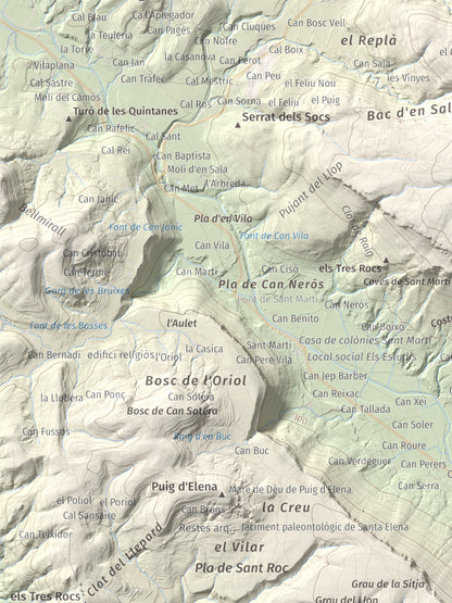Mapa de relieve de Sant Roc, 598 m, Garrotxa · Gironès · Selva, lámina 100 Cims de Trobart. Detalle de la zona superior izquierda. 30 × 40 cm.