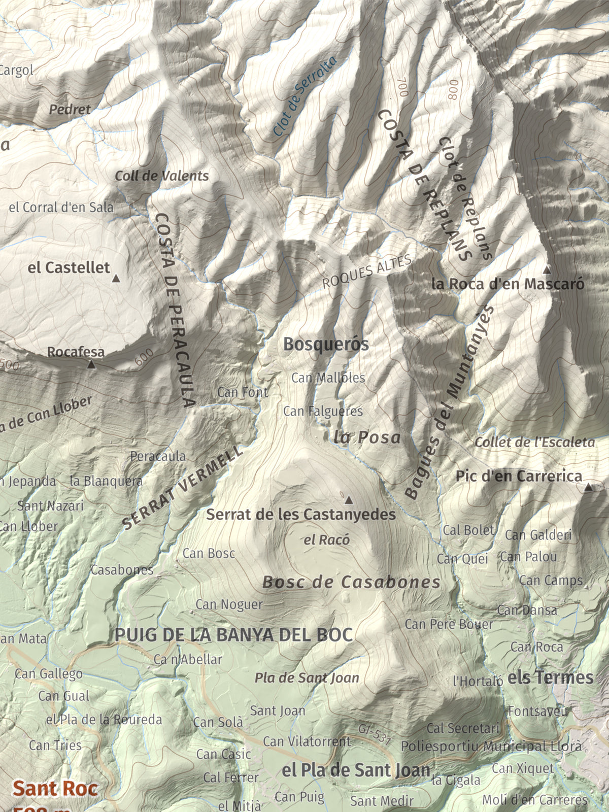 Mapa de relieve de Sant Roc, 598 m, Garrotxa · Gironès · Selva, lámina 100 Cims de Trobart. Detalle de la zona superior derecha. 30 × 40 cm.