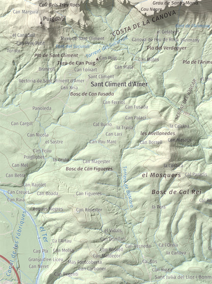Mapa de relieve de Sant Roc, 598 m, Garrotxa · Gironès · Selva, lámina 100 Cims de Trobart. Detalle de la zona inferior izquierda. 30 × 40 cm.