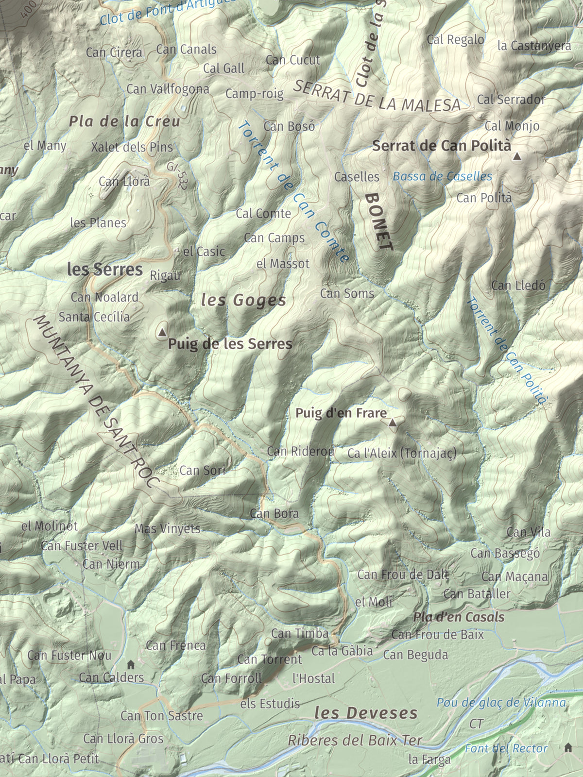 Mapa de relieve de Sant Roc, 598 m, Garrotxa · Gironès · Selva, lámina 100 Cims de Trobart. Detalle de la zona inferior derecha. 30 × 40 cm.