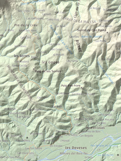 Mapa de relieve de Sant Roc, 598 m, Garrotxa · Gironès · Selva, lámina 100 Cims de Trobart. Detalle de la zona inferior derecha. 30 × 40 cm.