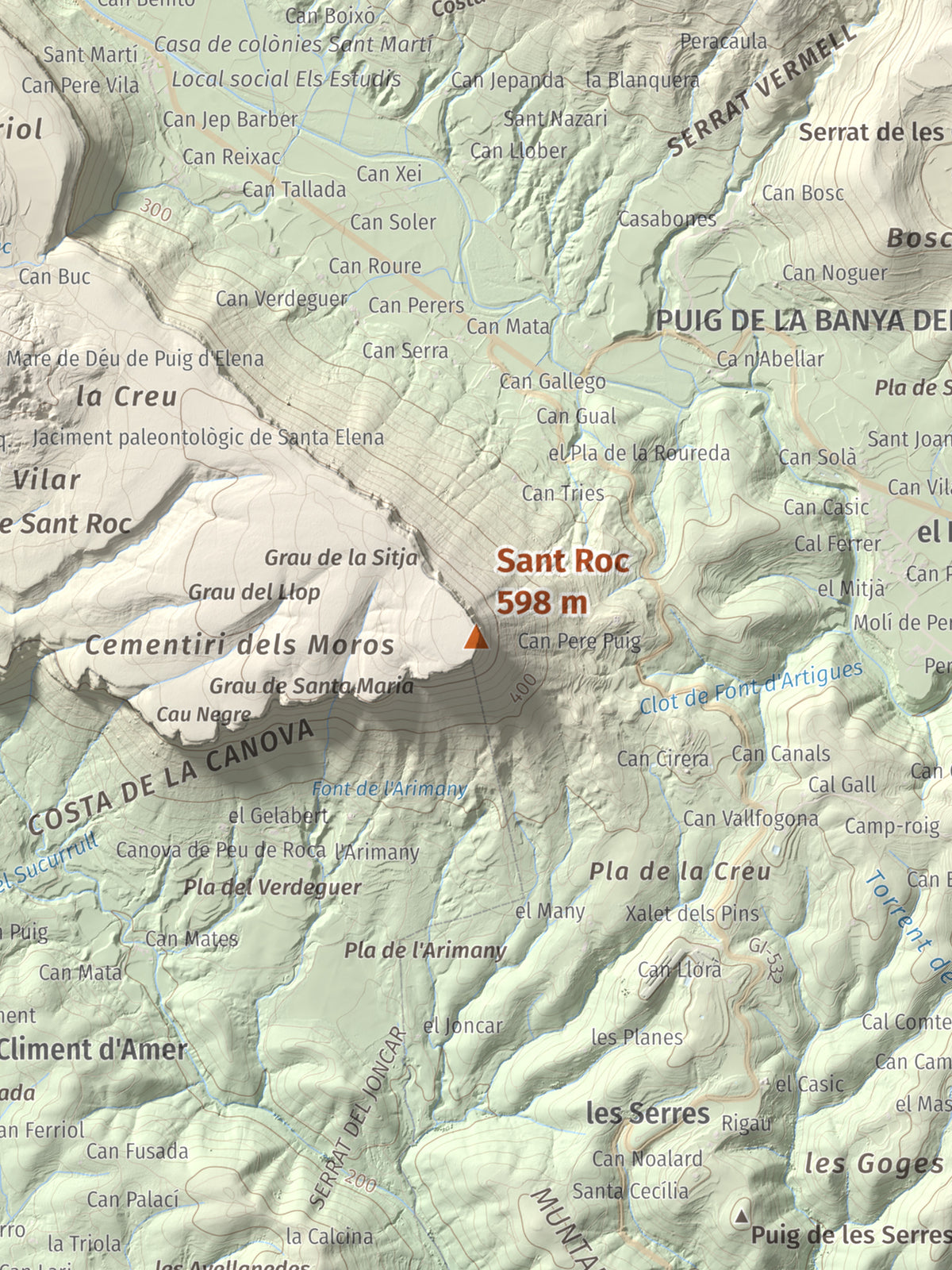 Mapa de relieve de Sant Roc, 598 m, Garrotxa · Gironès · Selva, lámina 100 Cims de Trobart. Detalle de la zona central. 30 × 40 cm.
