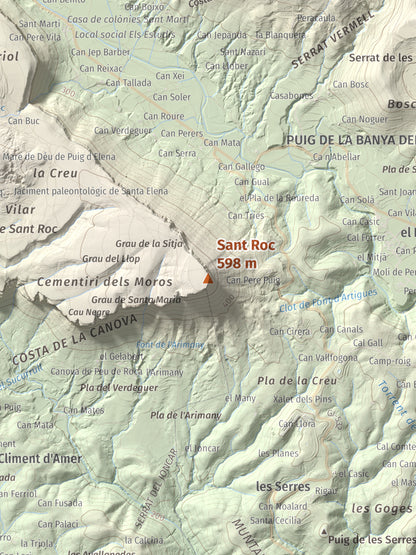 Mapa de relieve de Sant Roc, 598 m, Garrotxa · Gironès · Selva, lámina 100 Cims de Trobart. Detalle de la zona central. 30 × 40 cm.