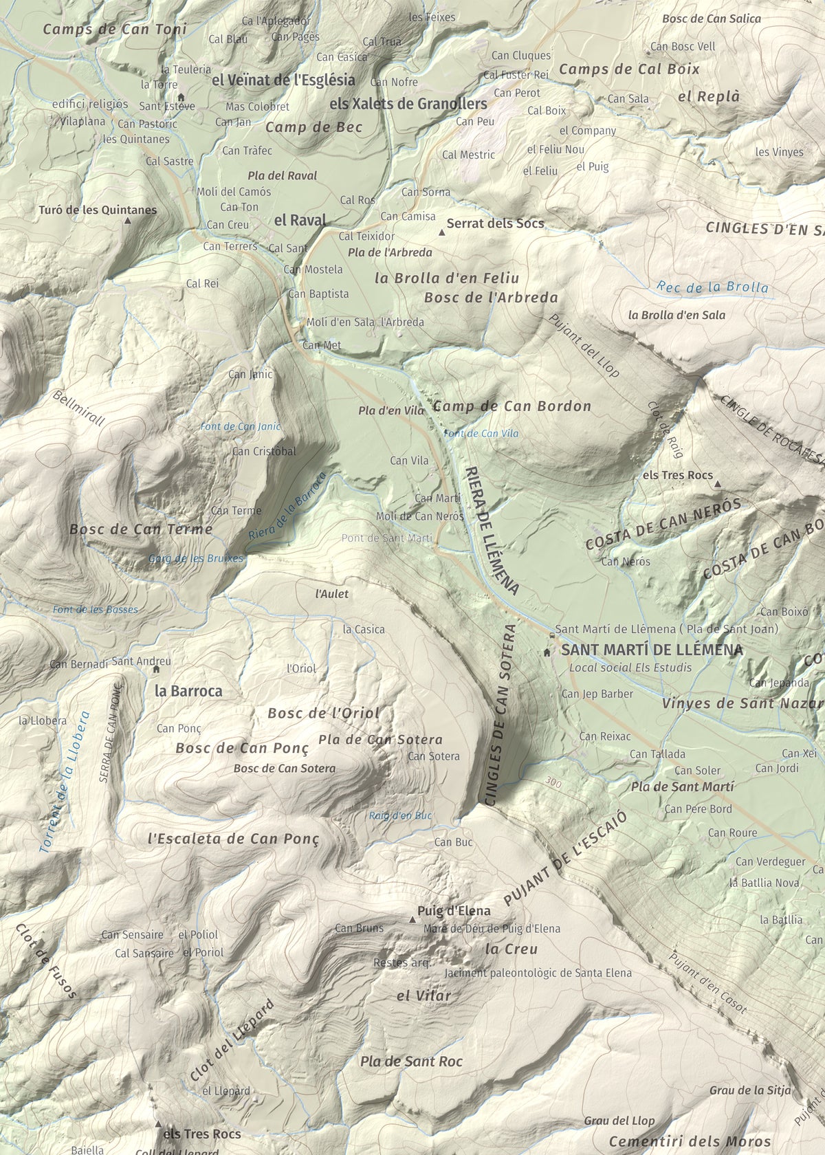 Mapa de relieve de Sant Roc, 598 m, Garrotxa · Gironès · Selva, lámina 100 Cims de Trobart. Detalle de la zona superior izquierda. 50 × 70 cm.
