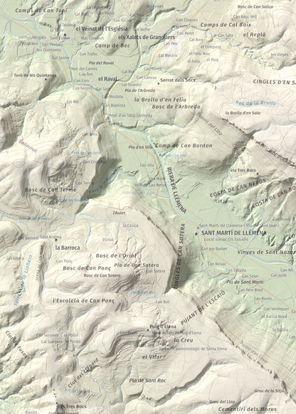 Mapa de relieve de Sant Roc, 598 m, Garrotxa · Gironès · Selva, lámina 100 Cims de Trobart. Detalle de la zona superior izquierda. 50 × 70 cm.