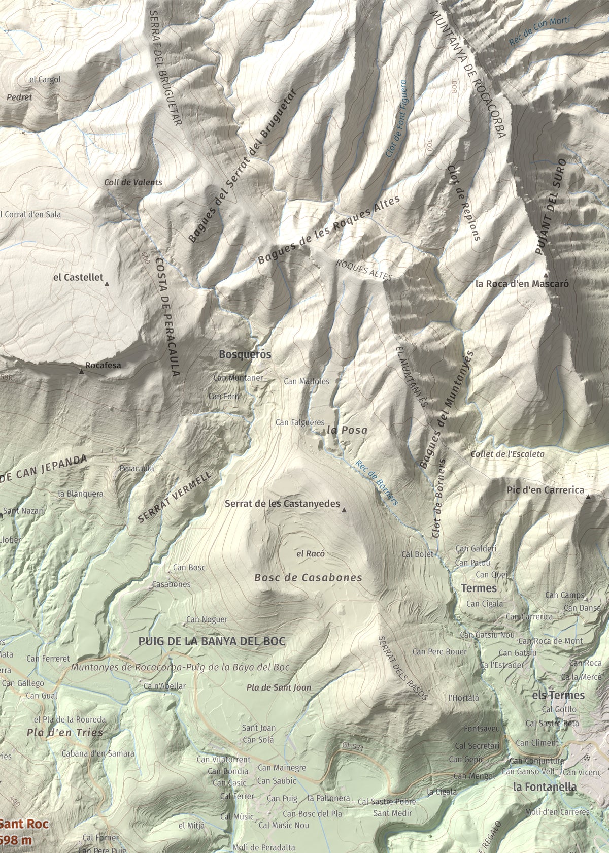 Mapa de relieve de Sant Roc, 598 m, Garrotxa · Gironès · Selva, lámina 100 Cims de Trobart. Detalle de la zona superior derecha. 50 × 70 cm.