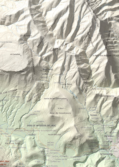 Mapa de relieve de Sant Roc, 598 m, Garrotxa · Gironès · Selva, lámina 100 Cims de Trobart. Detalle de la zona superior derecha. 50 × 70 cm.