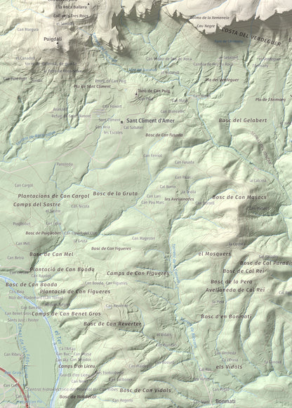 Mapa de relieve de Sant Roc, 598 m, Garrotxa · Gironès · Selva, lámina 100 Cims de Trobart. Detalle de la zona inferior izquierda. 50 × 70 cm.